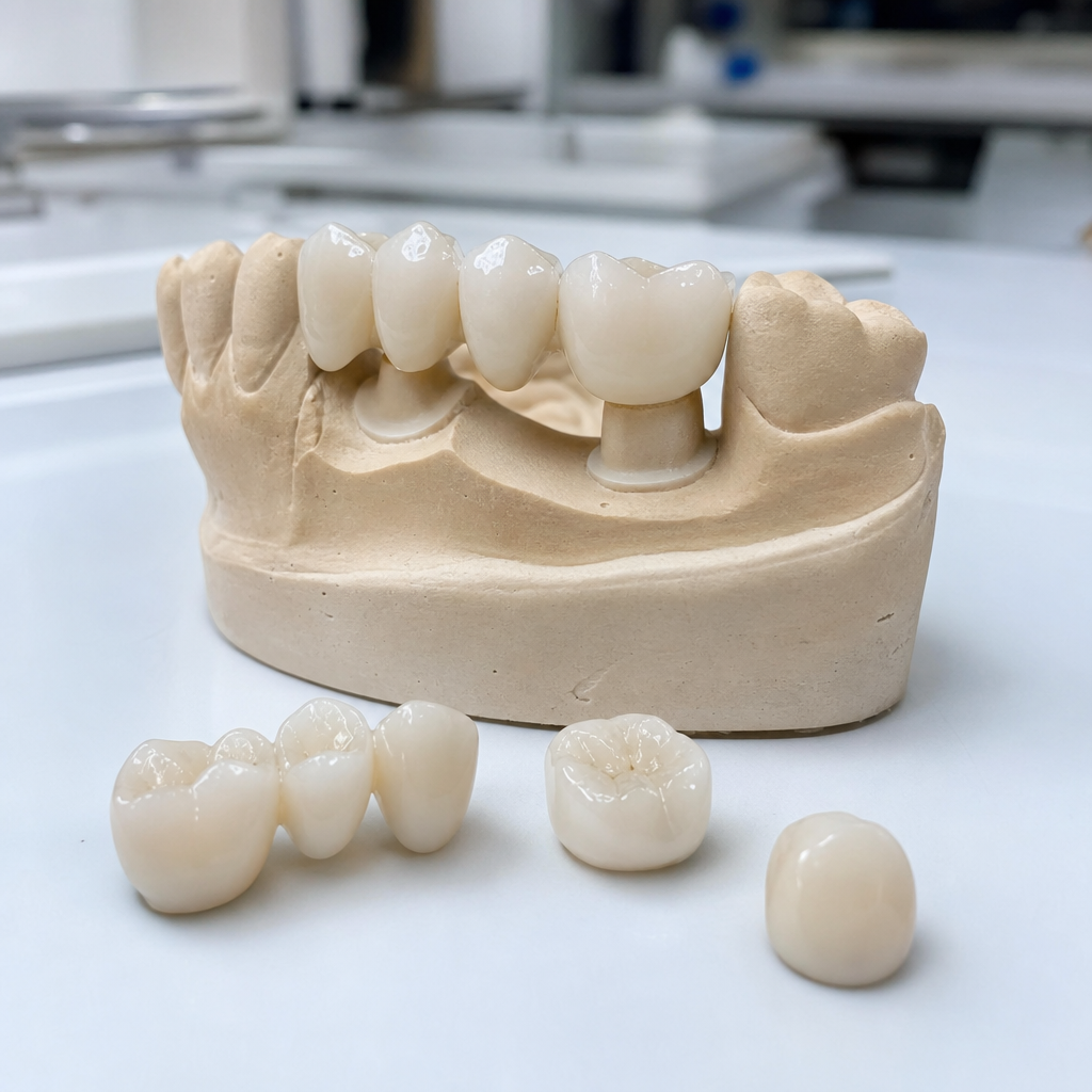 Dental crowns and bridge restoration with natural white ceramic teeth