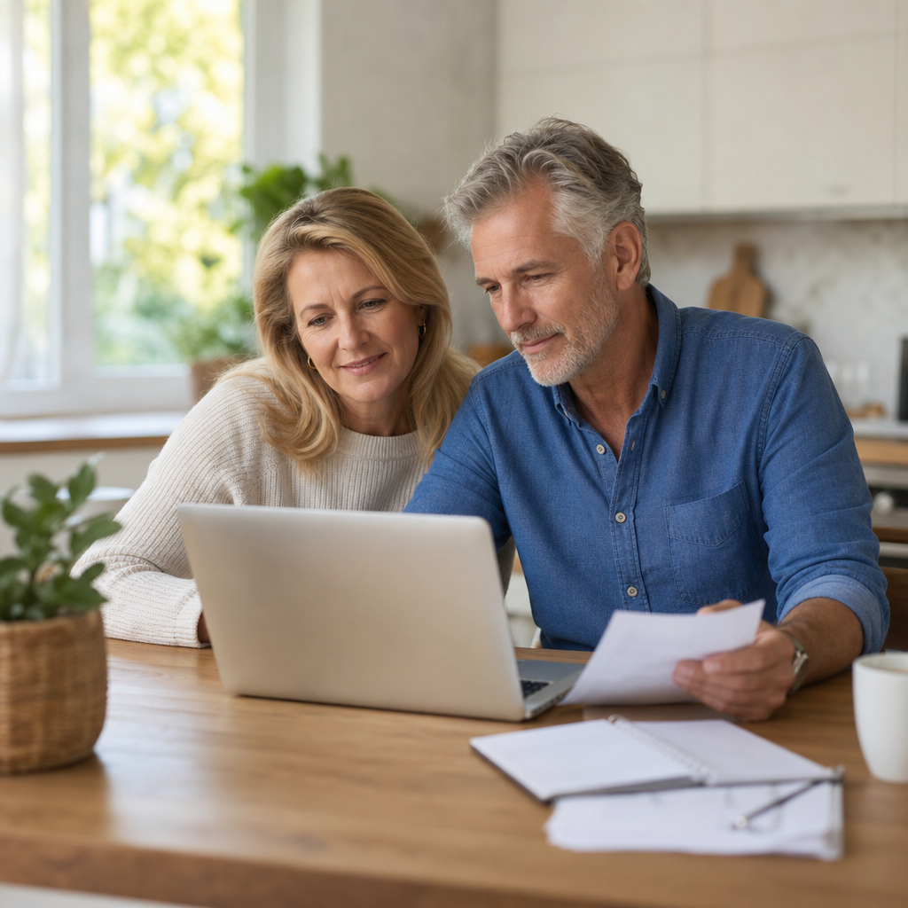 A mature couple reviewing a payment plan on a laptop at home