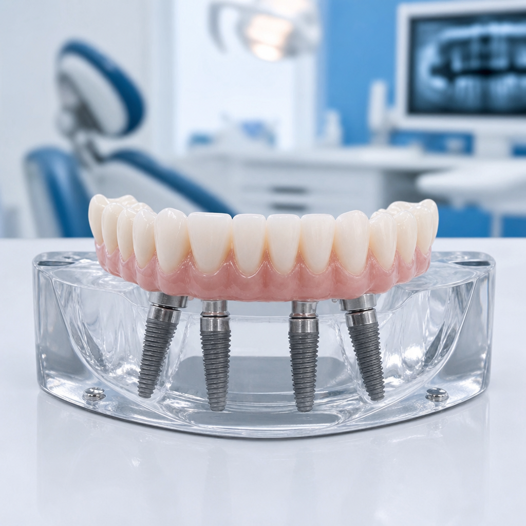 Full-arch All-on-4 dental implant model with a fixed set of teeth