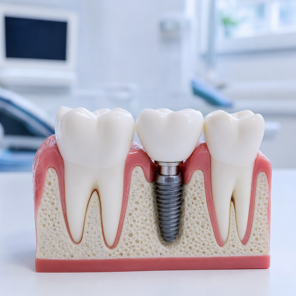 Single titanium dental implant with a natural white crown