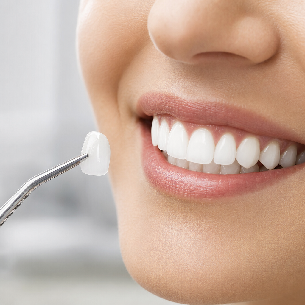 Thin custom porcelain dental veneers next to a bright smile